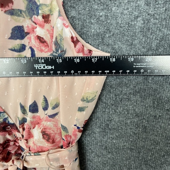 Eliza J Dress Women 18 Fits 14/16 Pink Floral Ruched Chiffon Faux Wrap Swiss Dot - Picture 6 of 15